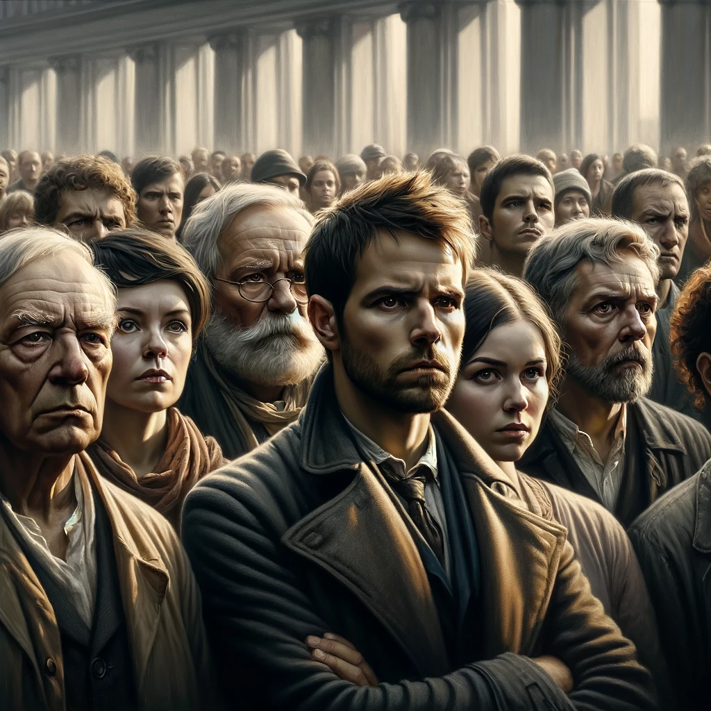 DALL·E 2024-01-10 17.12.26 - A realistic painting depicting a group of people with strong convictions, standing firmly together. They are of various ages and backgrounds, each dis.png