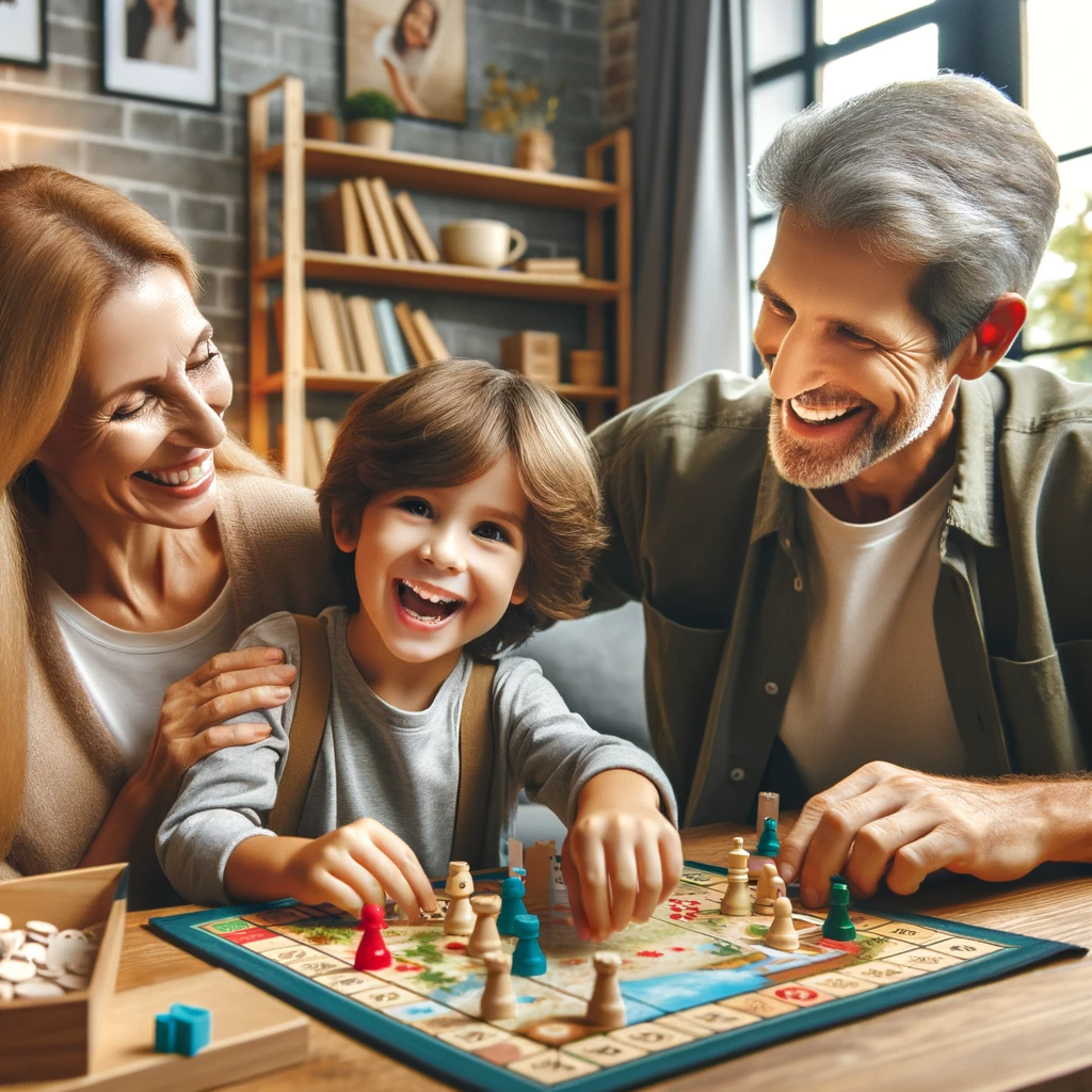 DALL·E 2023-12-12 09.33.14 - A heartwarming scene of a child spending a joyful time with their parents. The child, a mix of excitement and happiness on their face, is playing a bo.png