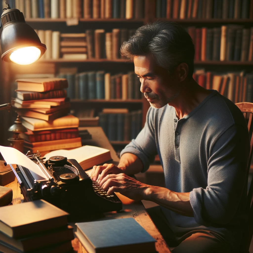 DALL·E 2023-11-21 15.03.13 - A focused writer sitting at a cozy wooden desk, surrounded by shelves filled with books. The writer, a middle-aged East Asian male, is deeply engrosse.png