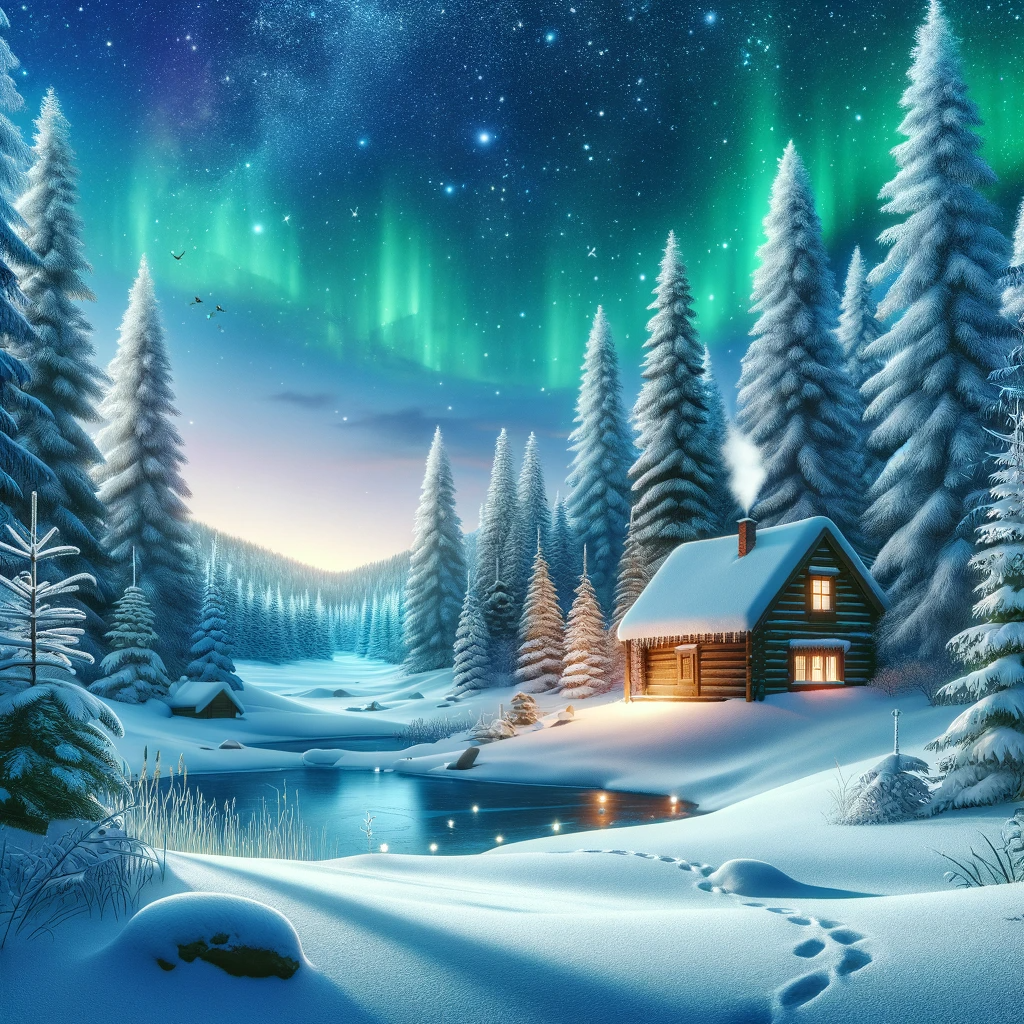 DALL·E 2023-11-27 09.01.57 - A serene winter landscape, depicting a snow-covered forest with tall pine trees and a small frozen lake. The sky is clear and filled with stars, with .png