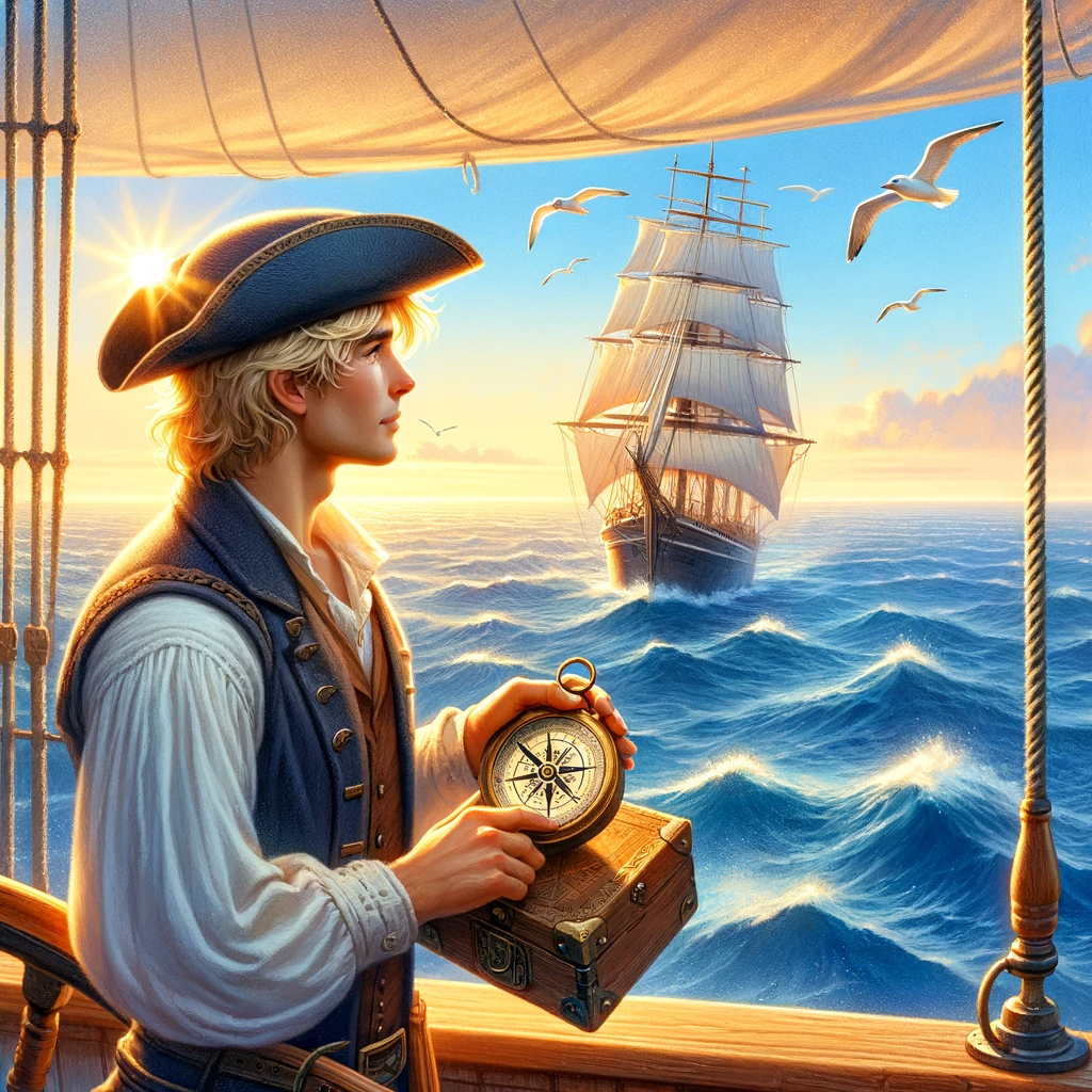 DALL·E 2023-12-22 11.49.20 - A navigator on a large sailing ship on the blue ocean. The navigator has blonde hair, wearing traditional sailing attire, holding an old compass in ha.png