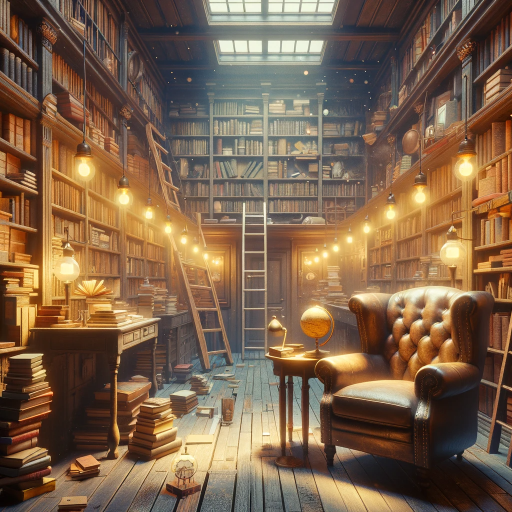 DALL·E 2023-11-21 08.32.24 - An illustration of the interior of an old bookstore. The scene is cozy and dimly lit, with warm yellow lights casting a soft glow. Wooden bookshelves,.png