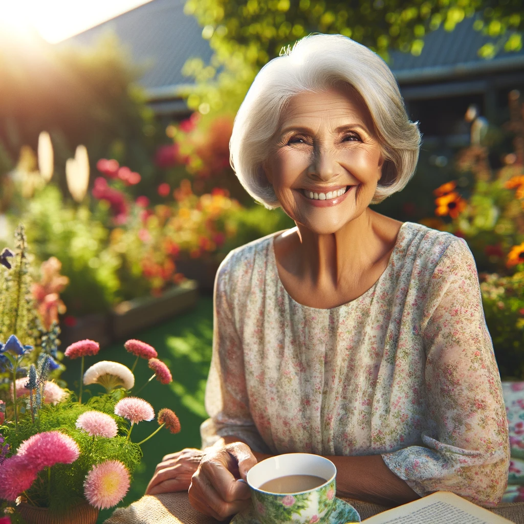 DALL·E 2023-12-19 13.51.05 - An elderly woman of Caucasian descent radiating happiness in her later years. She is sitting in a sunny garden, surrounded by colorful flowers and gre.png