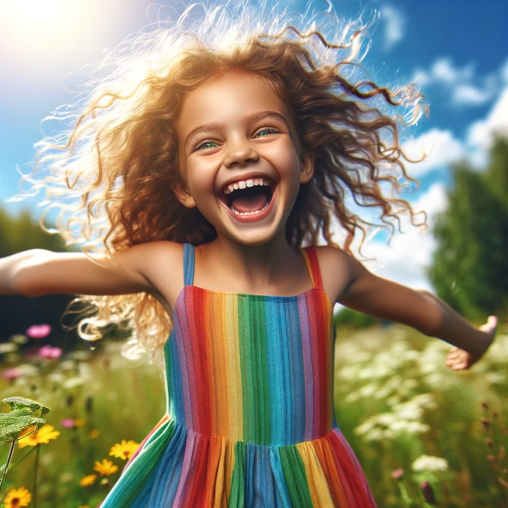 DALL·E 2023-12-20 08.11.56 - A joyful young girl experiencing a moment of pure happiness. She is about 10 years old, with curly, shoulder-length blonde hair, and bright green eyes.png