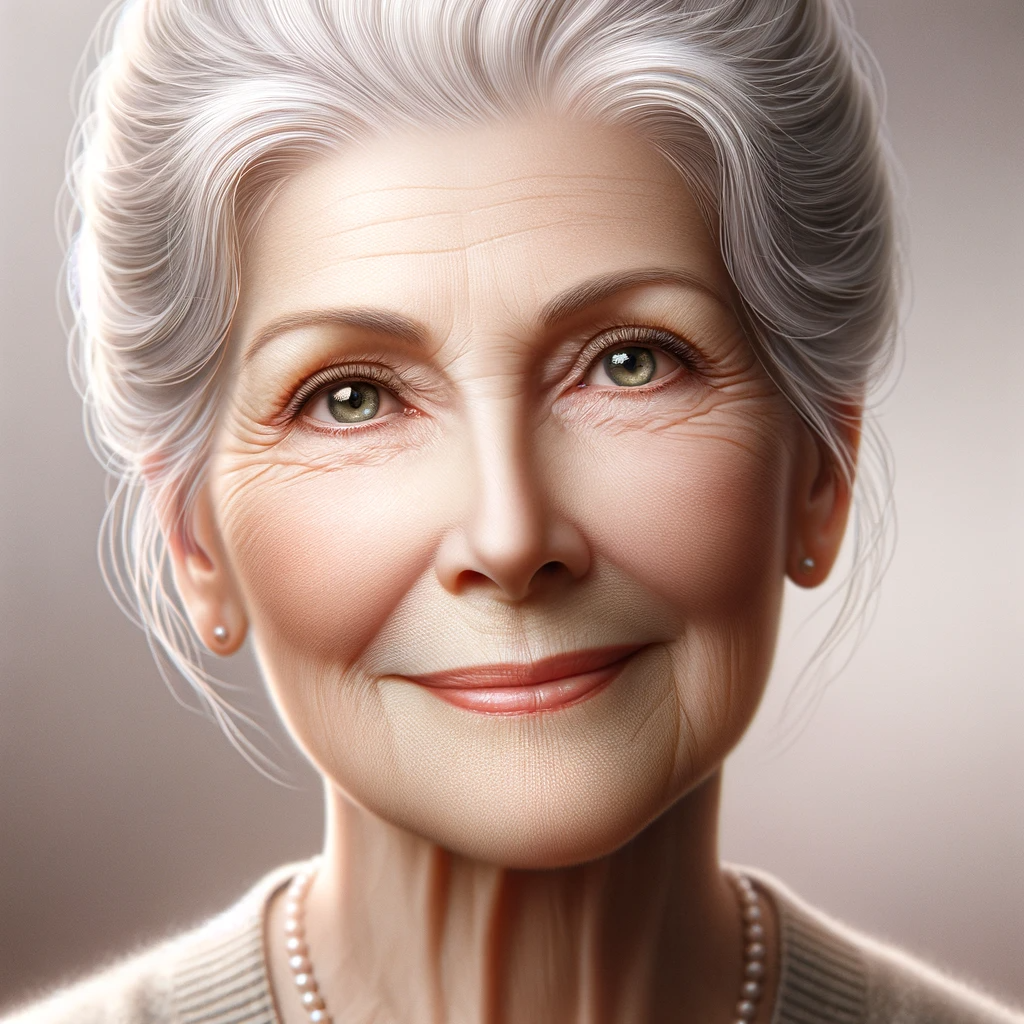 DALL·E 2024-01-11 07.20.51 - A realistic portrait of an elegant elderly woman. She has gentle wrinkles, a warm smile, and sparkling eyes that reflect wisdom and kindness. Her hair.png