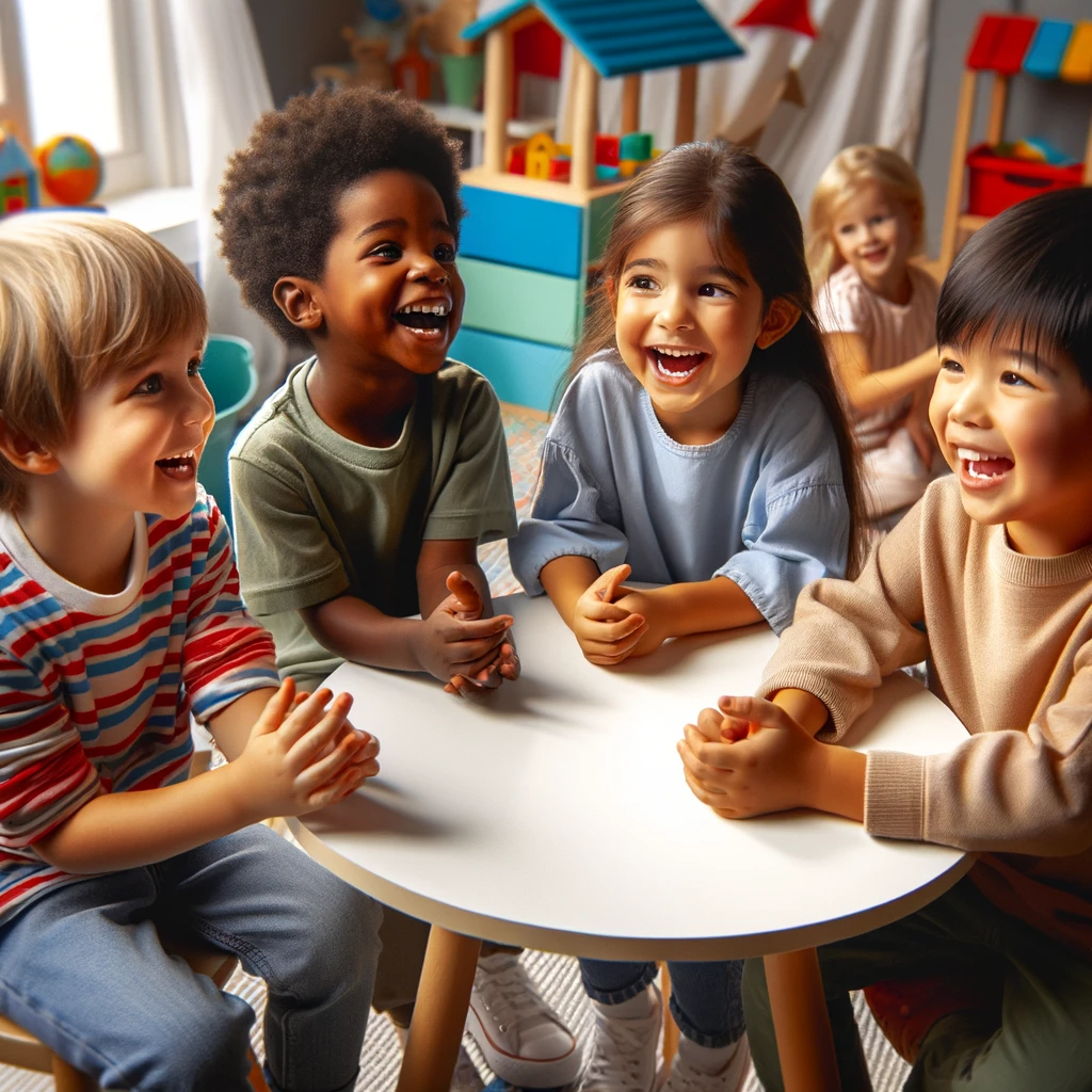 DALL·E 2023-12-04 08.31.59 - A heartwarming scene of four children happily engaging in conversation. The children are from diverse ethnic backgrounds. One is a Caucasian girl with.png