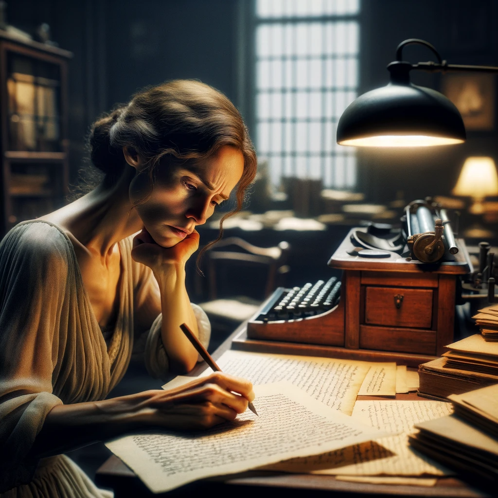 DALL·E 2024-01-22 16.31.26 - A detailed image of a woman writer deeply engrossed in her writing, reflecting a sense of struggle and contemplation. She's seated at an old-fashioned.png