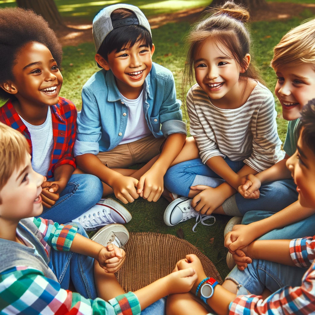 DALL·E 2023-12-08 15.30.15 - An image depicting five children, who are good friends, enjoying time together. These children are around 7 to 9 years old, each with distinct feature.png