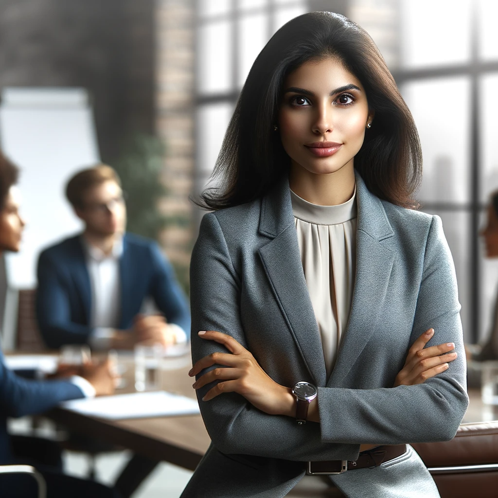 DALL·E 2023-11-28 13.44.47 - A Hispanic woman exhibiting leadership qualities in a professional setting. She is dressed in a sophisticated business attire, appearing to lead an im.png