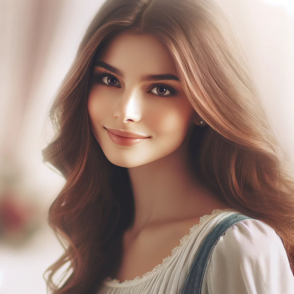 DALL·E 2023-11-20 13.31.22 - A portrait of a young wife, looking lovingly towards the viewer with a gentle smile. She has long, flowing hair and is dressed in a casual yet elegant.png