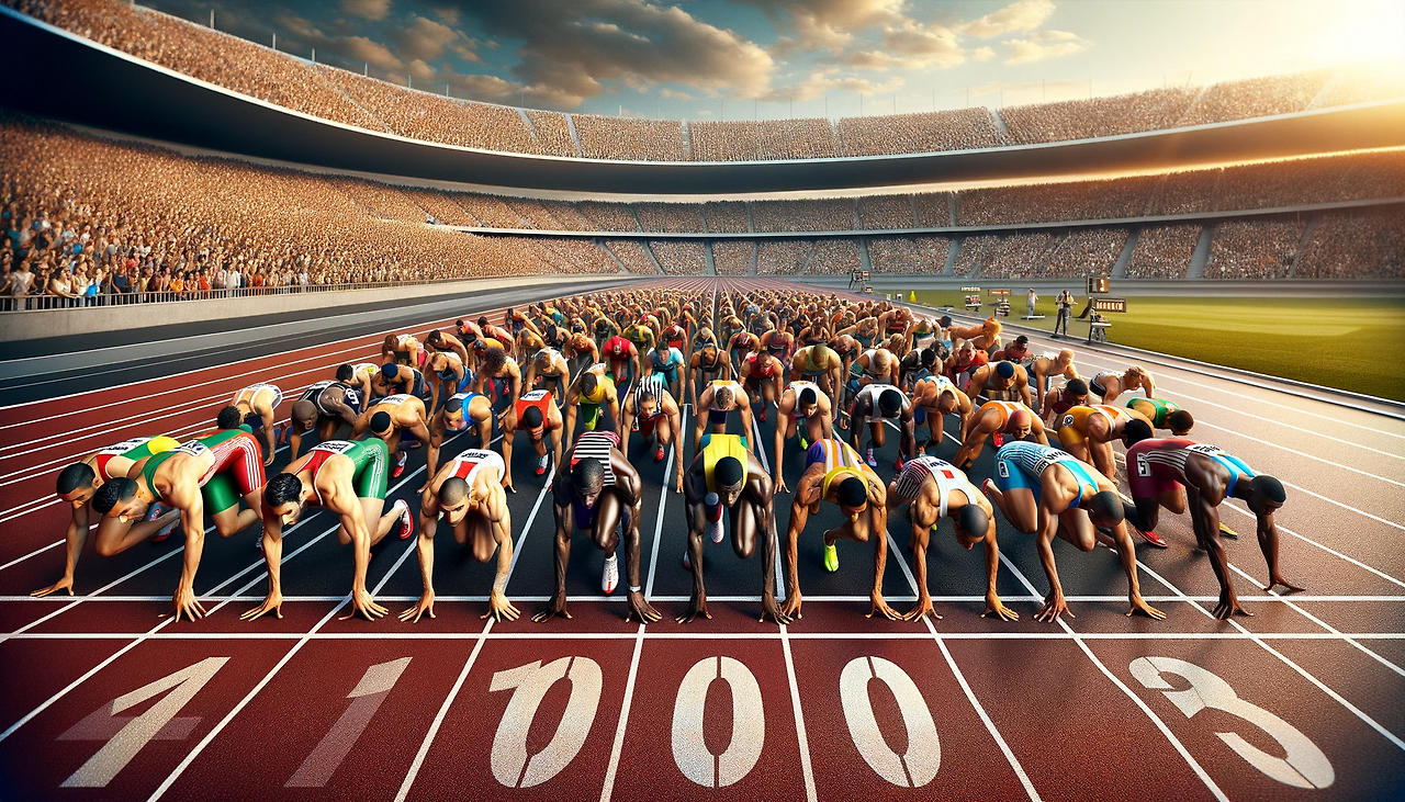 DALL·E 2023-11-18 21.02.09 - A panoramic view of a 100-meter race track with 100 athletes lined up at the starting line, ready to race. The athletes are diverse in gender and desc.png