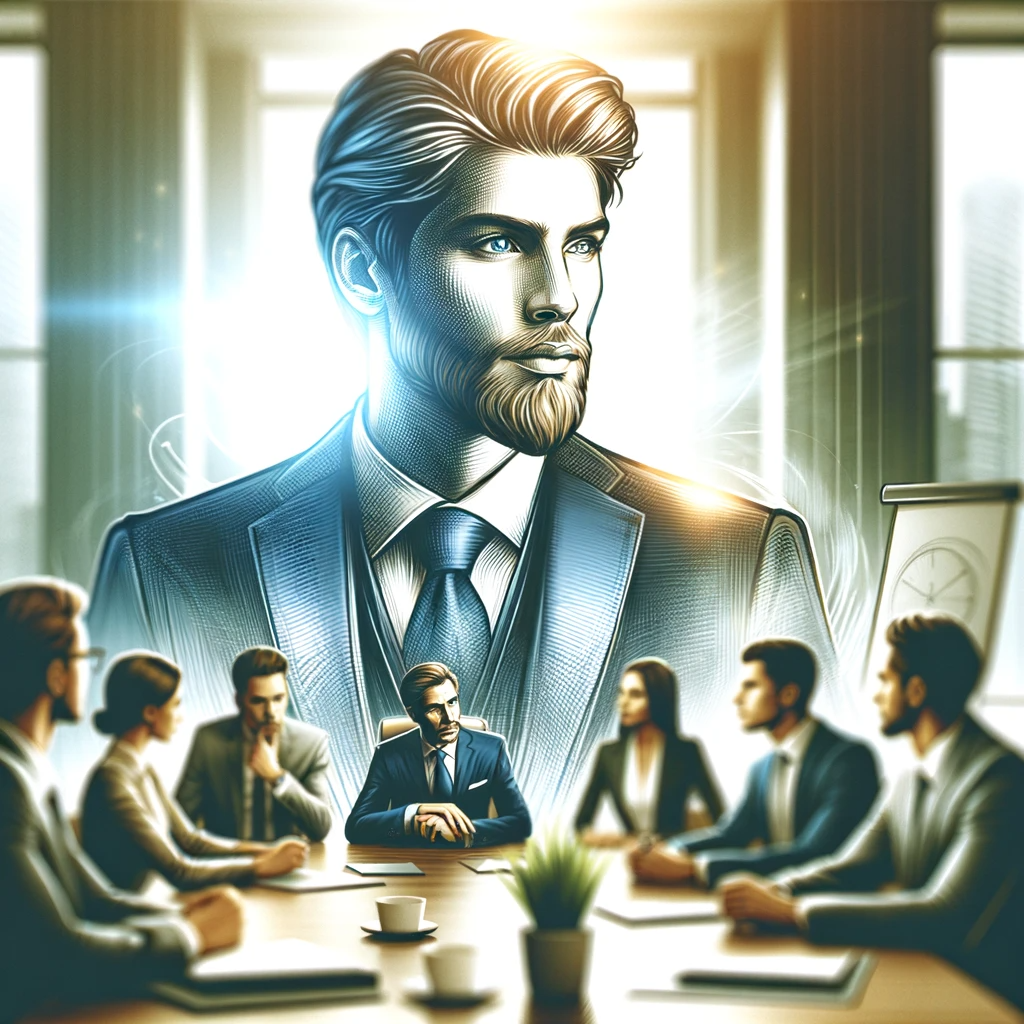 DALL·E 2023-12-09 14.33.09 - A leader with charisma and confidence, depicted with a wise and insightful expression. The scene is set in an important meeting or presentation, with .png