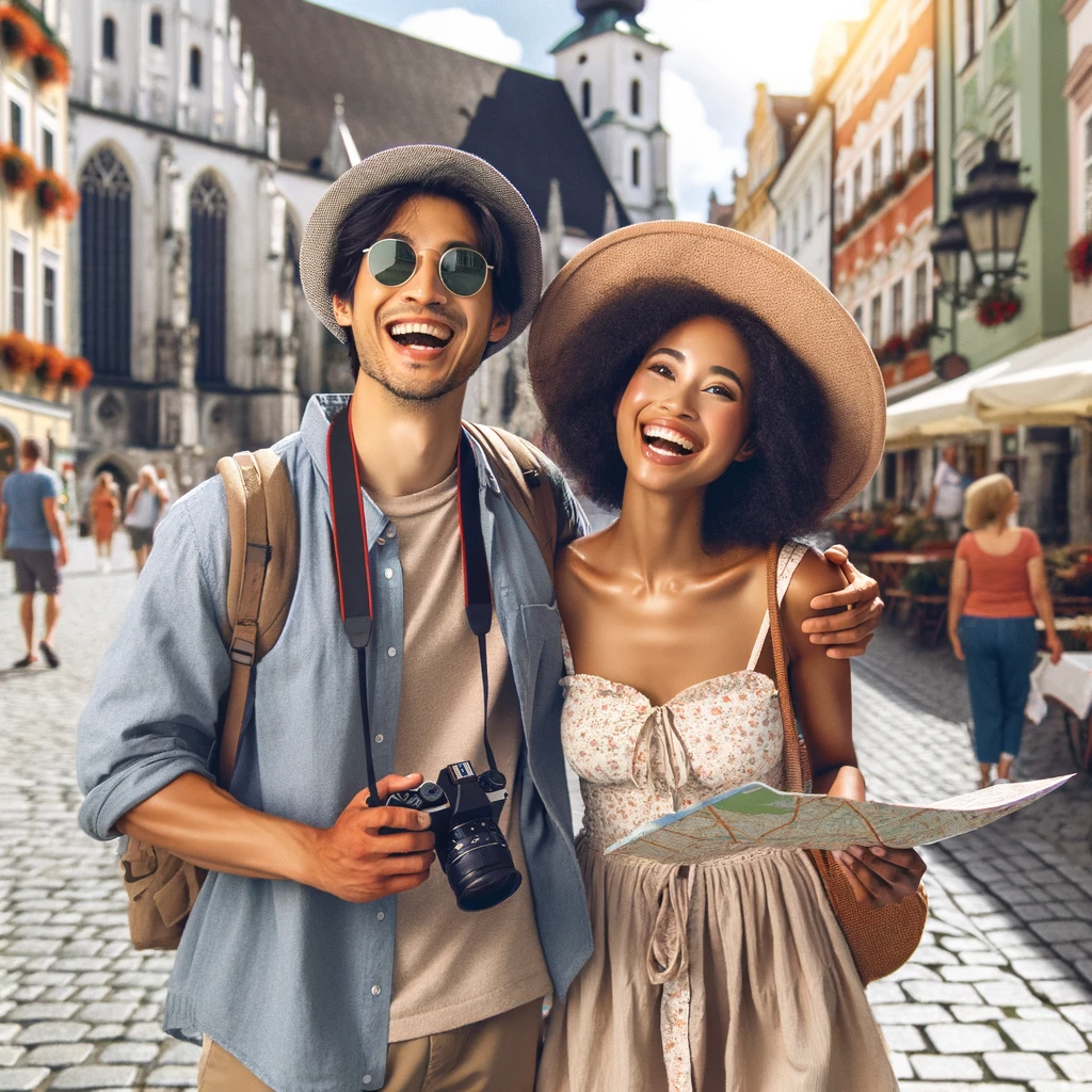 DALL·E 2024-01-03 10.57.39 - A joyful man and woman traveling together in a picturesque European city. The man, of Asian descent, is wearing casual summer clothes, a hat, and sung.png