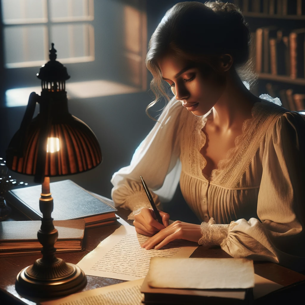 DALL·E 2024-01-26 11.20.50 - A realistic portrayal of a female writer composing a book in a dimly lit room. The scene captures the woman sitting at an antique wooden desk, her fac.png