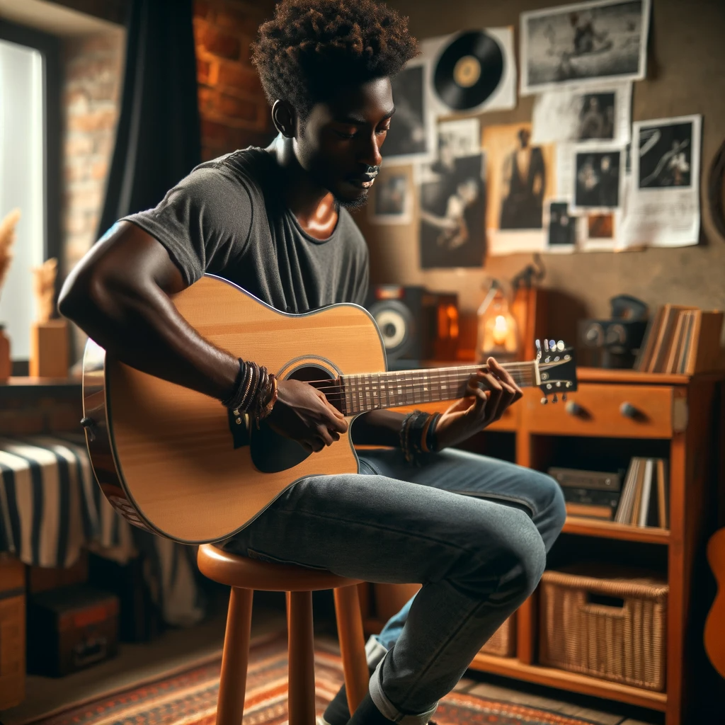 DALL·E 2023-12-19 09.09.58 - A young man of Black descent passionately engaged in his favorite activity, playing the guitar. He is sitting on a stool in a cozy room, completely ab.png