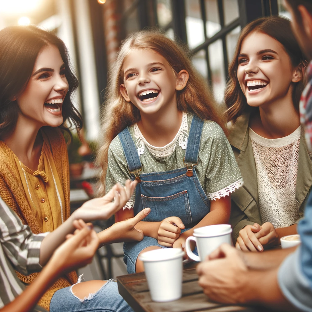 DALL·E 2023-12-09 06.33.34 - A daughter enjoying time with her friends, all of them laughing and sharing stories in a lively scene. The daughter and her friends are wearing variou.png