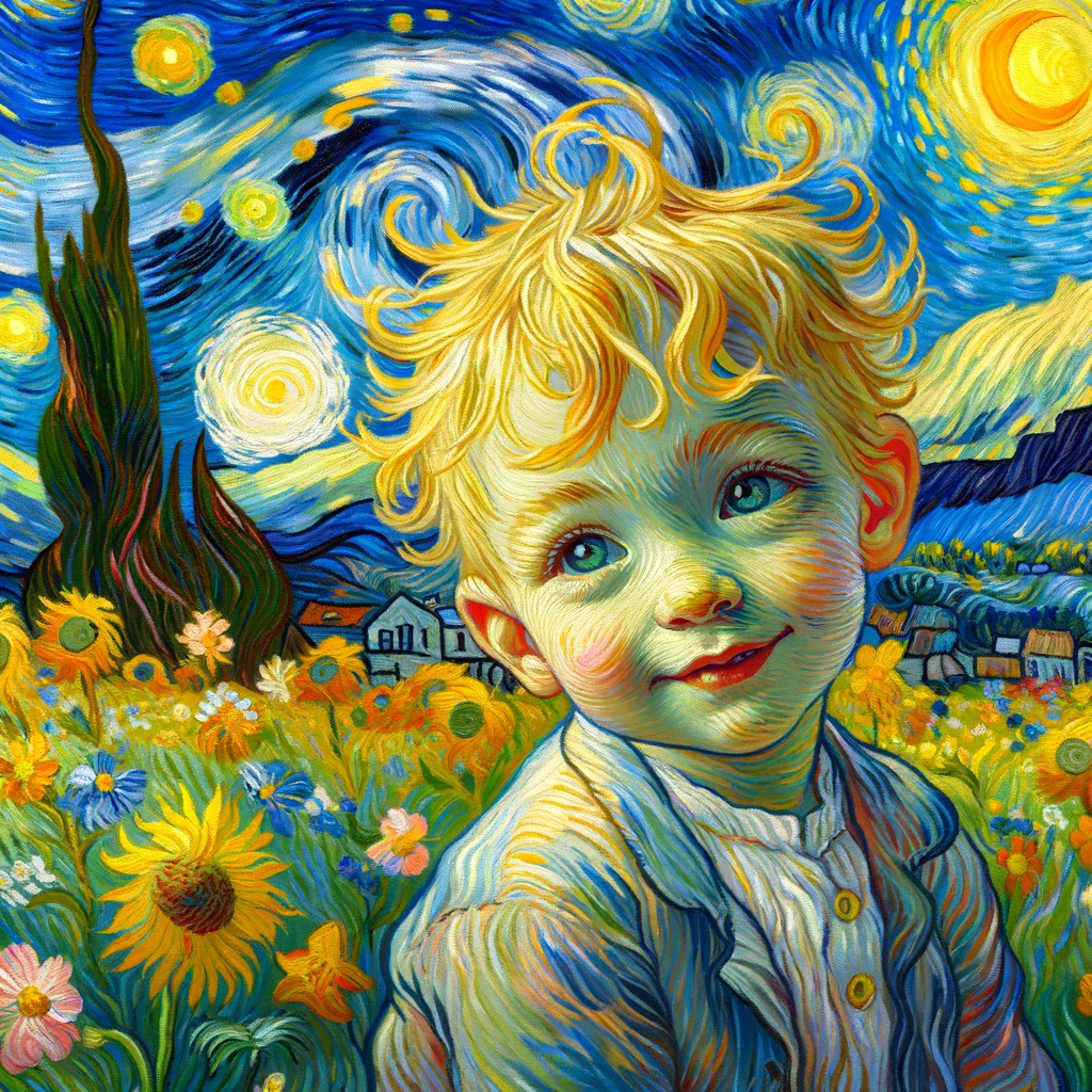 DALL·E 2023-11-10 07.40.52 - A heartfelt and expressive painting in the style of Vincent van Gogh that captures the innocence and wonder of a child. The artwork features a young c.png