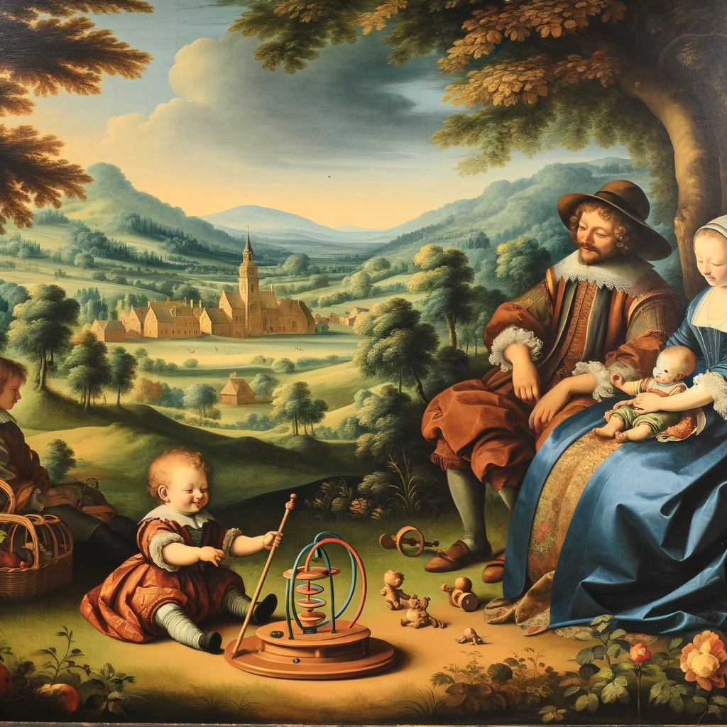 DALL·E 2023-12-15 16.24.16 - A painting in the style of the 17th century, depicting a child enjoying time with their family in a serene landscape. The scene includes a child in pe.png