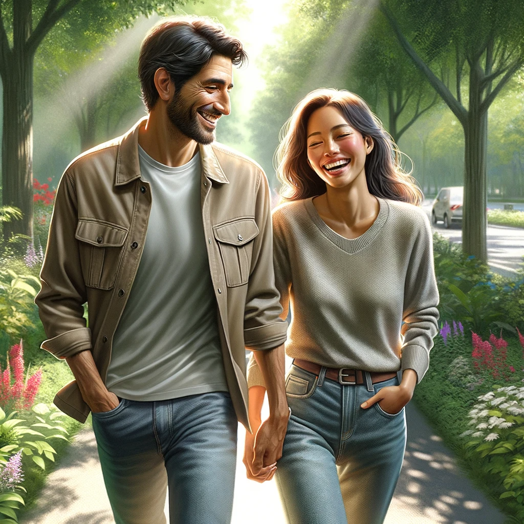 DALL·E 2024-01-08 13.58.55 - A realistic depiction of a happy couple, a man and a woman, taking a leisurely walk together. The man, of Hispanic descent, is smiling gently, wearing.png