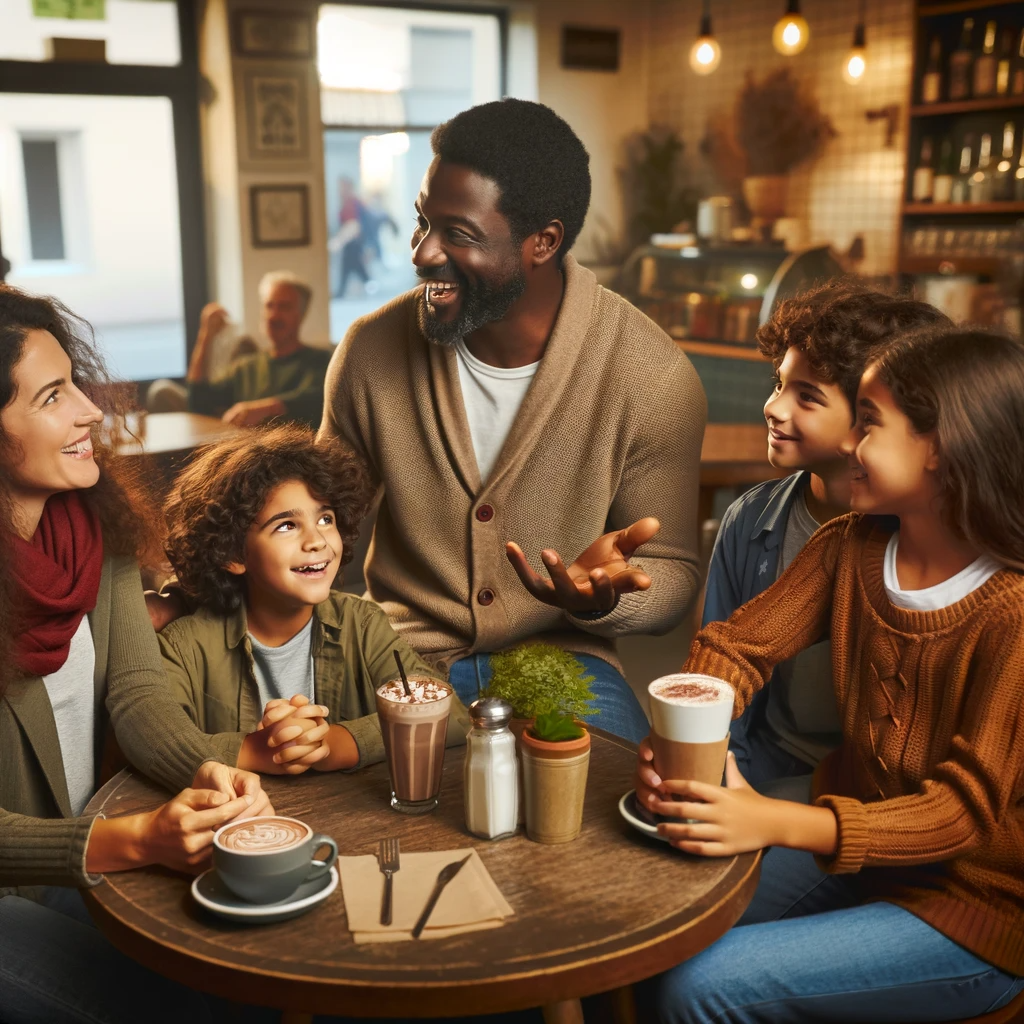 DALL·E 2023-12-26 15.08.32 - A family gathered in a cozy cafe, engaged in a lively conversation. The family consists of four members_ a father, a mother, a teenage son, and a youn.png