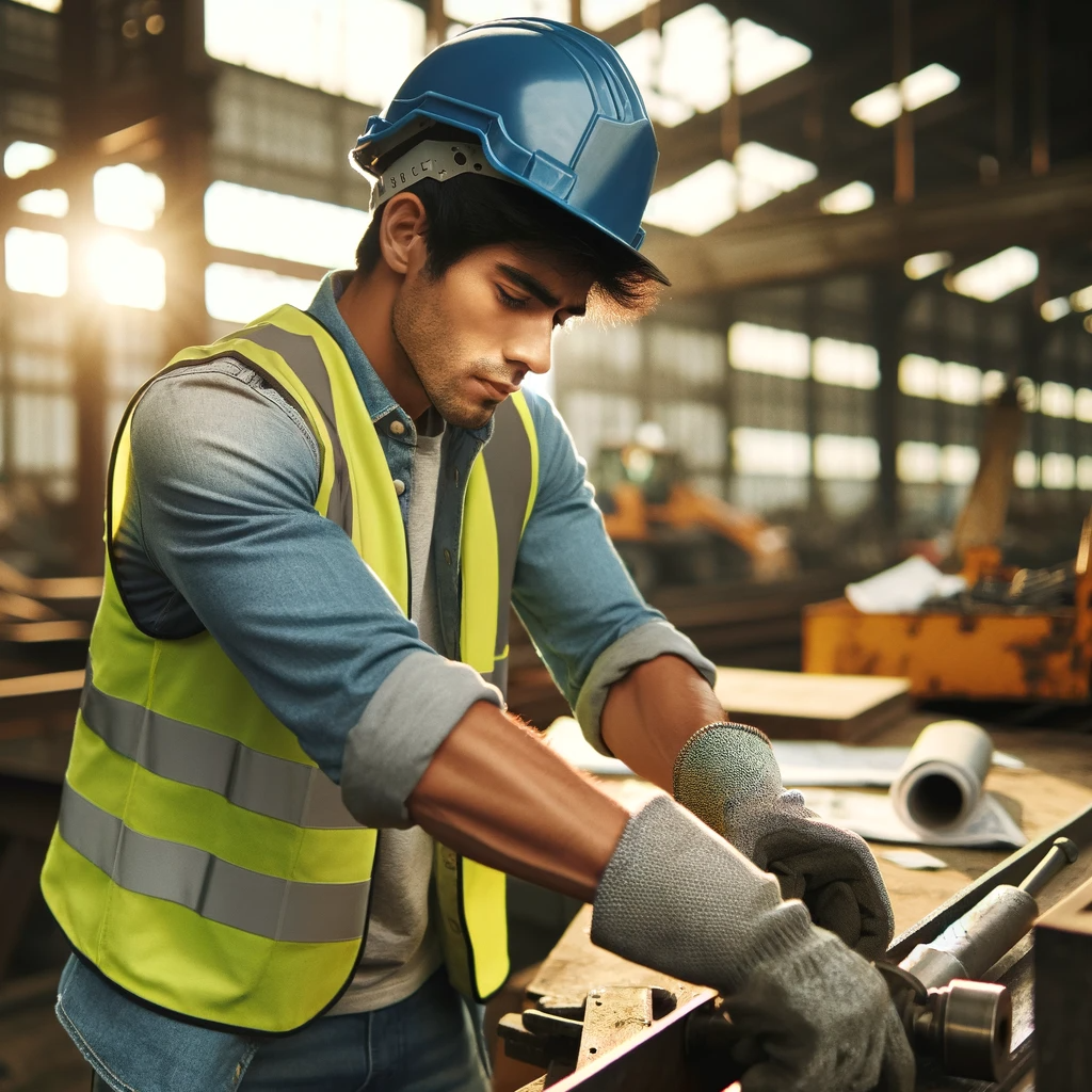 DALL·E 2023-11-20 05.22.03 - A 20-something-year-old man working in a labor-intensive job site. He's wearing a safety helmet, protective gloves, and a high-visibility vest. The ma.png