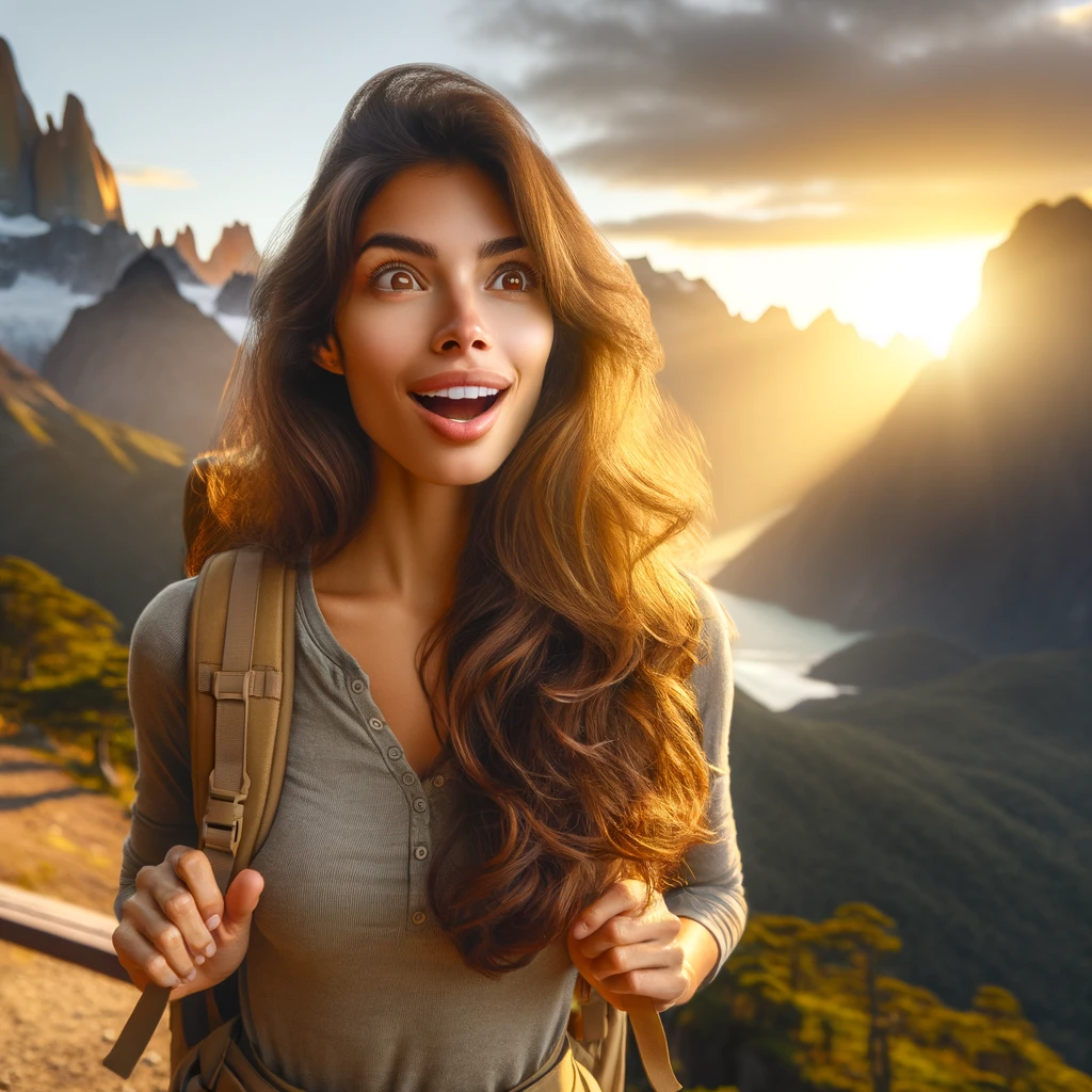 DALL·E 2023-12-04 06.03.37 - A traveler encountering a breathtaking view. The traveler, a Hispanic woman with long, wavy brown hair, stands in awe, her eyes wide with amazement an.png