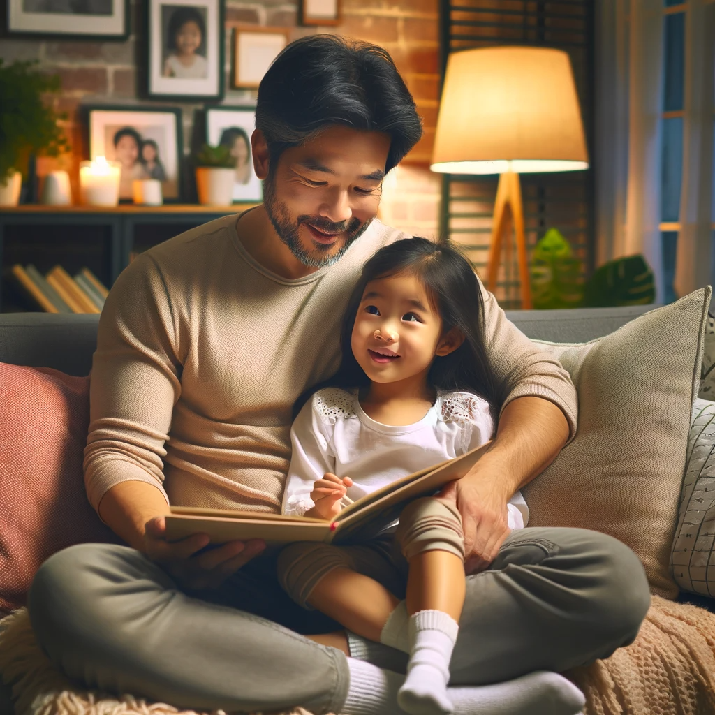 DALL·E 2023-12-27 13.19.37 - A heartwarming scene of a father and his young daughter spending quality time together. The father, a middle-aged Asian man, is sitting on a comfortab.png