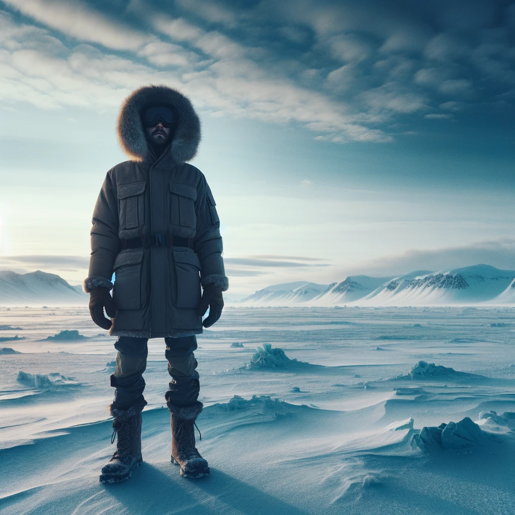 DALL·E 2024-01-03 10.57.50 - A solitary explorer in a vast, icy landscape. The explorer is wearing a heavy, insulated parka with a fur-lined hood, goggles, and thick gloves. They .png