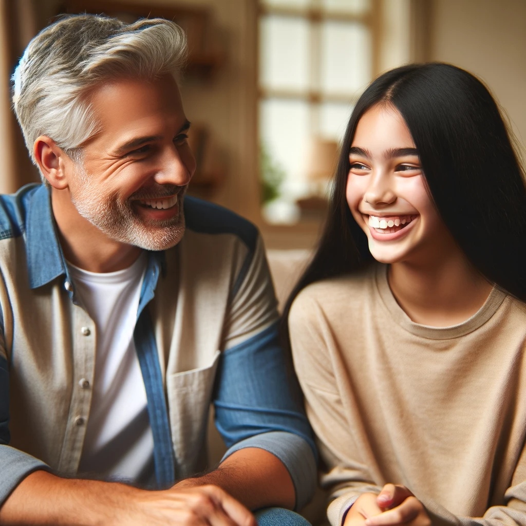 DALL·E 2023-12-09 06.33.51 - A middle-aged father with gray hair and a teenage daughter with long black hair, spending time together in the living room of their home. They are eng.png