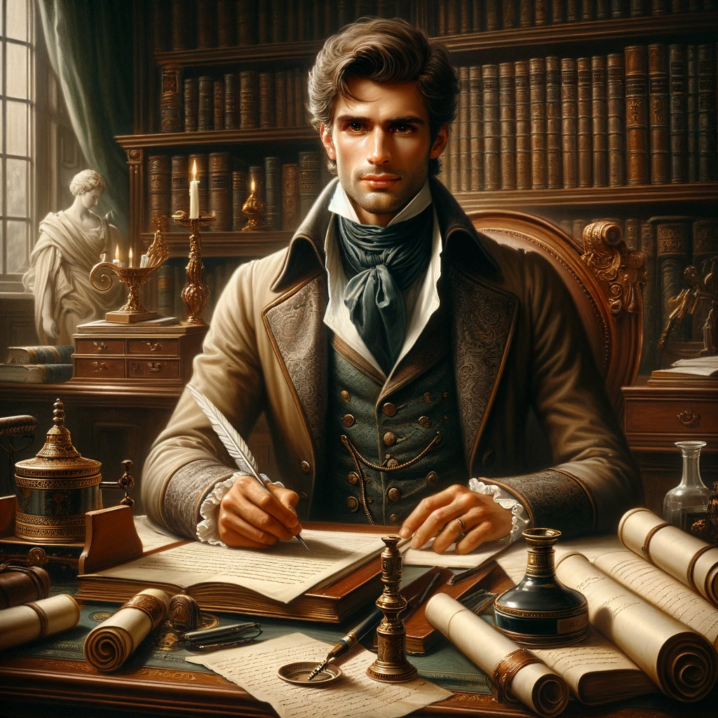 DALL·E 2023-11-14 10.26.16 - An 18th-century style painting of a man exemplifying competence at work. He is depicted at a grand desk laden with books, scrolls, and an inkwell, sug.png