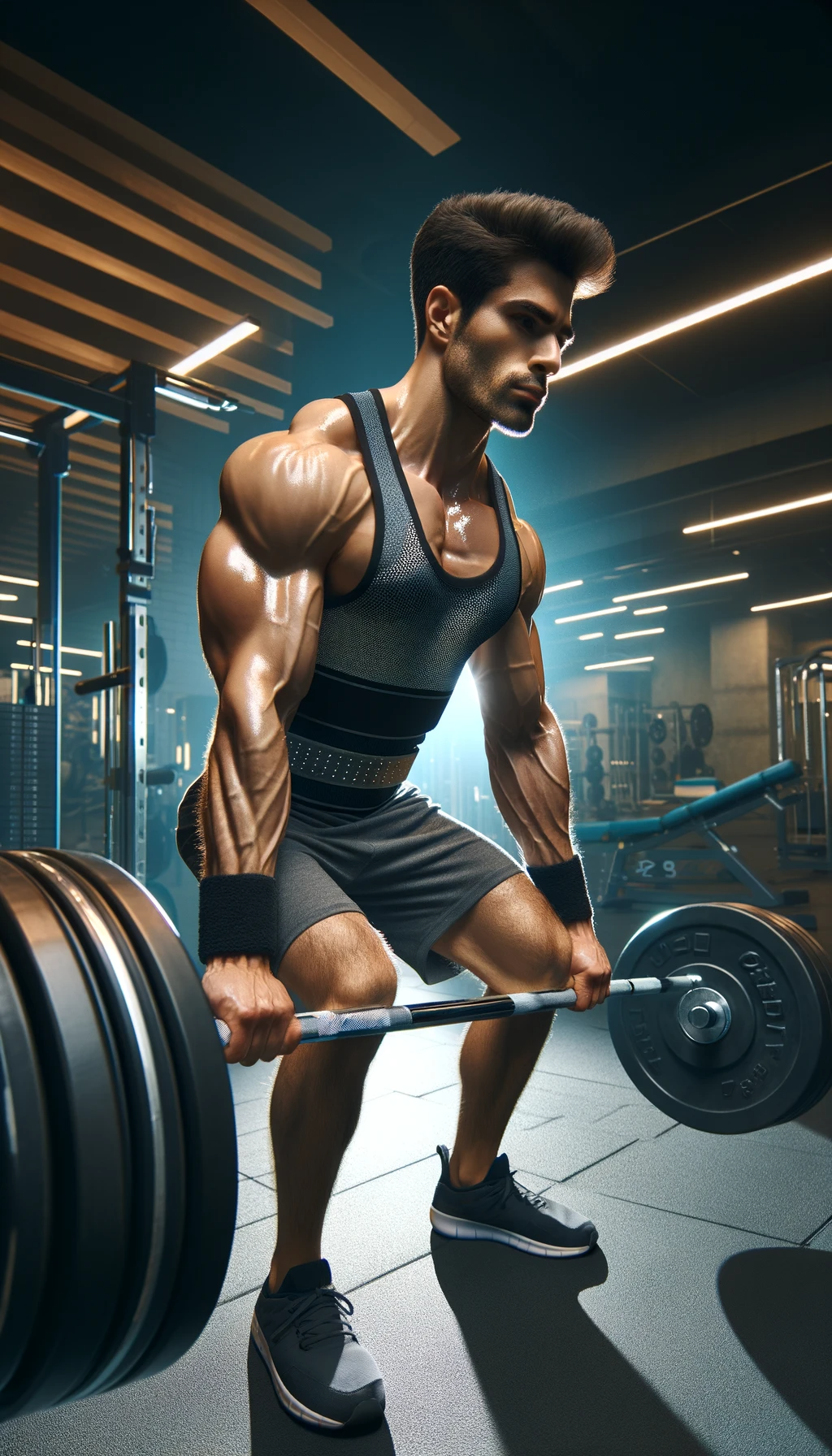 DALL·E 2023-11-27 11.00.35 - A dynamic image of a man lifting a barbell. The man is of Hispanic descent, with a muscular build, wearing a sleeveless athletic shirt and gym shorts.png