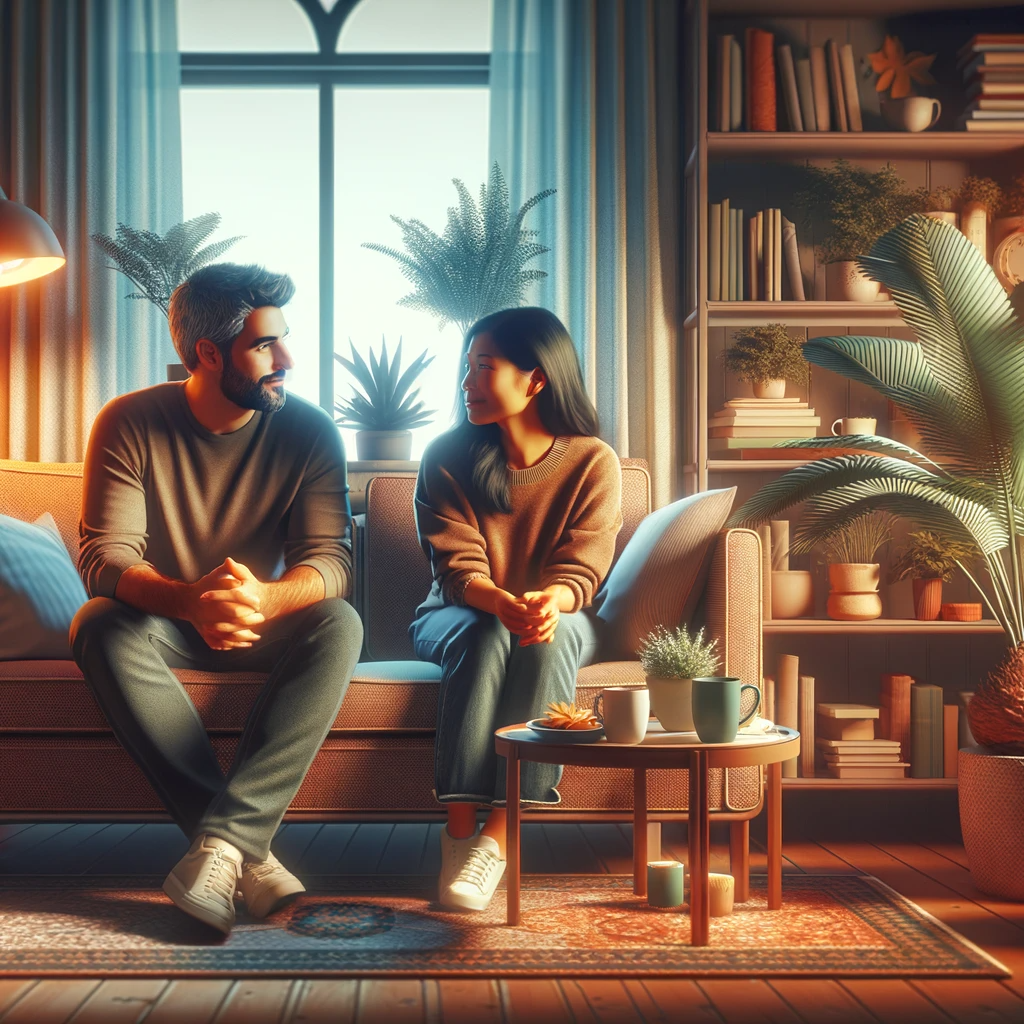 DALL·E 2023-11-17 08.52.10 - A cozy living room scene depicting a man and a woman cohabiting. The man, of Hispanic descent, and the woman, of South Asian descent, are sitting on a.png