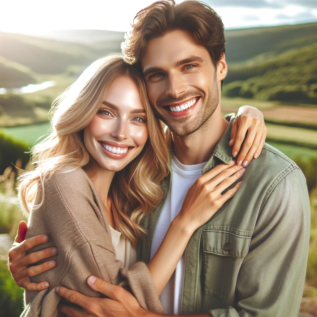 DALL·E 2023-12-28 11.32.41 - A happy couple, smiling and embracing each other with joy and love. They are in a beautiful outdoor setting, surrounded by nature, which adds to the r.png