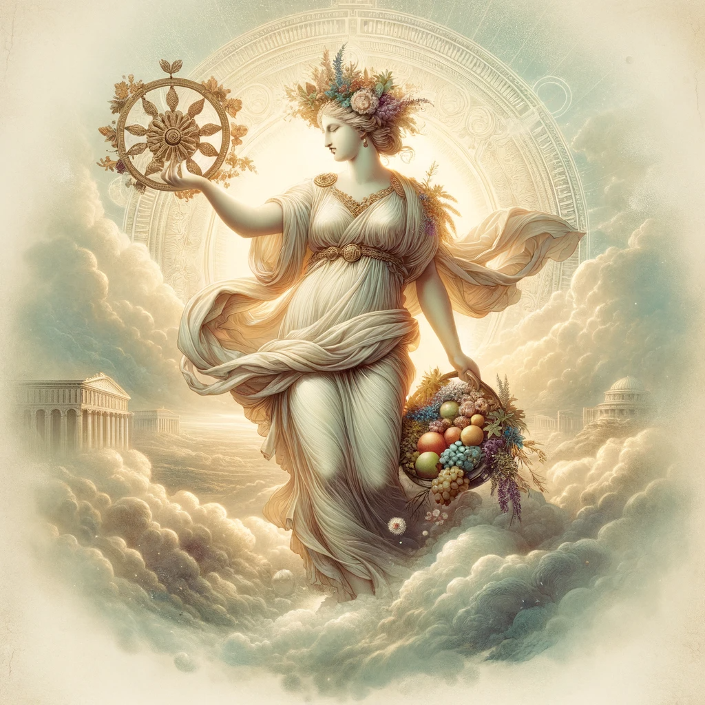 DALL·E 2023-11-14 13.19.01 - A majestic illustration of the Roman goddess Fortuna, depicted as a woman in a flowing, ethereal robe with ancient Roman style. She is standing on a c.png