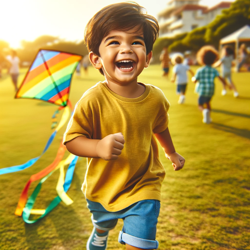 DALL·E 2023-12-19 13.50.57 - A joyful young child of South Asian descent playing in a park. The child is laughing and running with a colorful kite in hand. He is wearing a bright .png