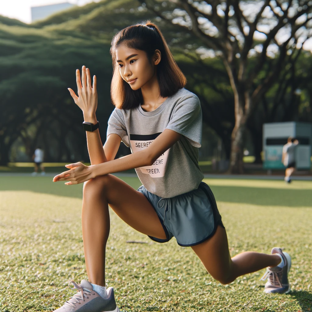 DALL·E 2023-12-19 07.34.10 - A young female student of South Asian descent exercising outdoors. She is wearing sporty attire, including a t-shirt, shorts, and running shoes. The s.png