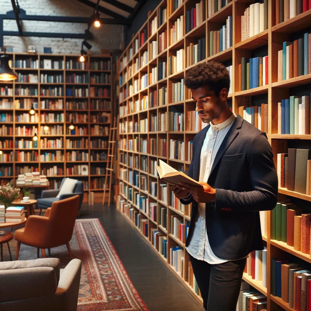 DALL·E 2023-12-06 07.54.27 - A cozy bookstore scene with tall wooden bookshelves filled with an array of colorful books. A Black male, in his late 20s, is standing in front of the.png