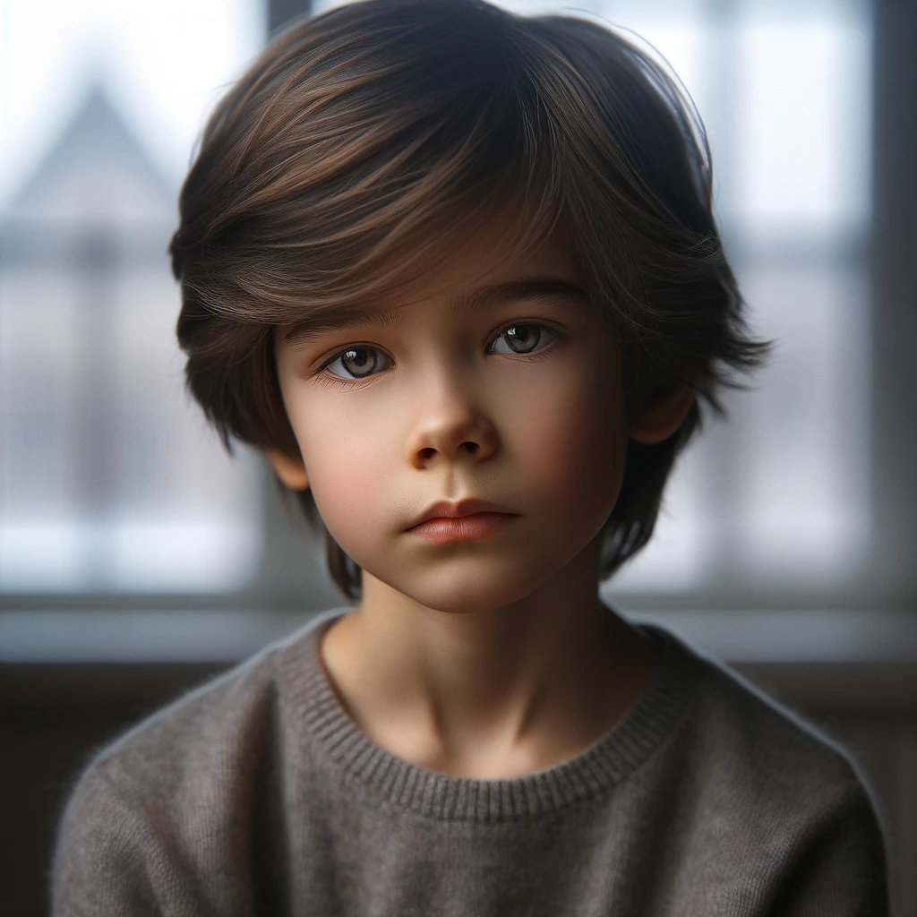 DALL·E 2023-12-05 15.24.34 - A portrait of a child with a solemn expression. The child, a 10-year-old Caucasian boy with medium-length brown hair, is shown with a contemplative, s.png
