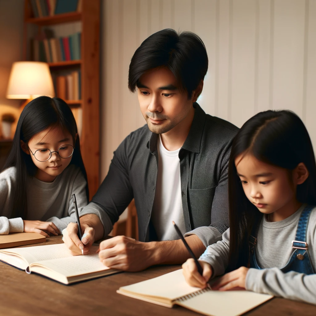 DALL·E 2023-12-26 14.53.11 - A father studying with his two daughters at a home setting. The father, an East Asian man in his thirties, is sitting at a wooden table, looking focus.png