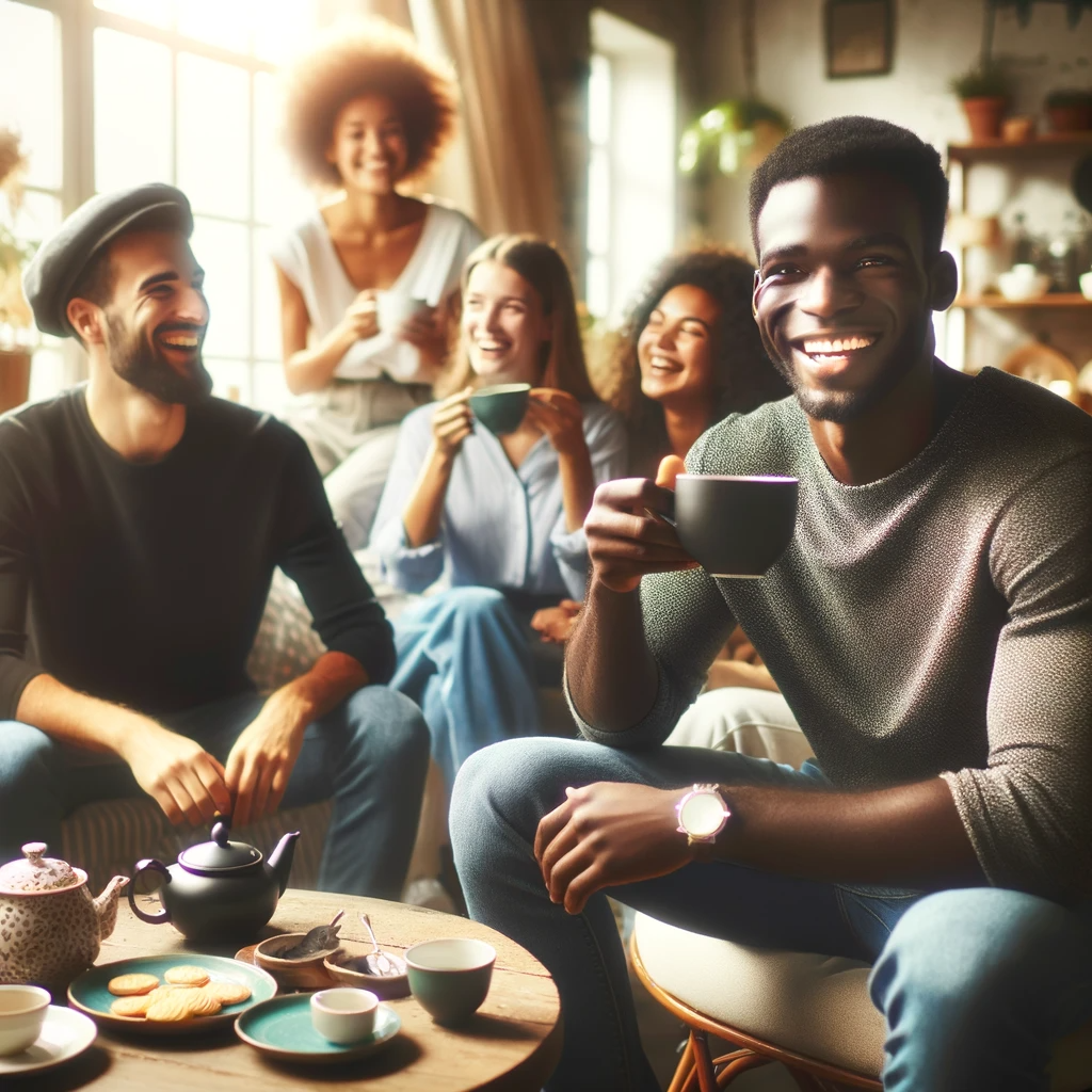 DALL·E 2023-11-28 14.59.39 - A Black man enjoying tea with friends, in a lively and friendly setting. They are dressed in comfortable and casual attire, in a cozy cafe or a living.png