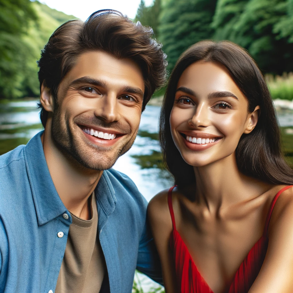 DALL·E 2023-12-26 15.34.58 - A happy couple, a man and a woman, smiling brightly and looking at each other. The man has short brown hair and is wearing a blue shirt, and the woman.png