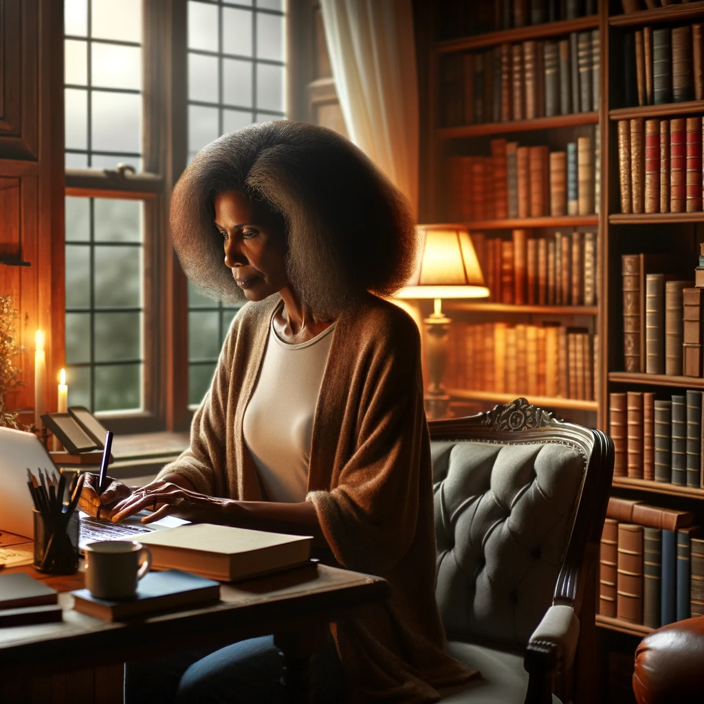 DALL·E 2023-12-01 11.15.51 - A middle-aged Black female writer in a study, surrounded by shelves full of books. She is sitting at a classic desk, writing on a laptop. The study is.png