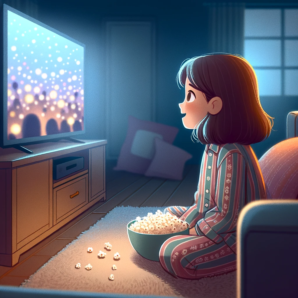 DALL·E 2023-11-18 15.36.13 - A scene of a young girl, around 10 years old, sitting on the floor in her living room, engrossed in watching a movie on TV. The girl has shoulder-leng.png