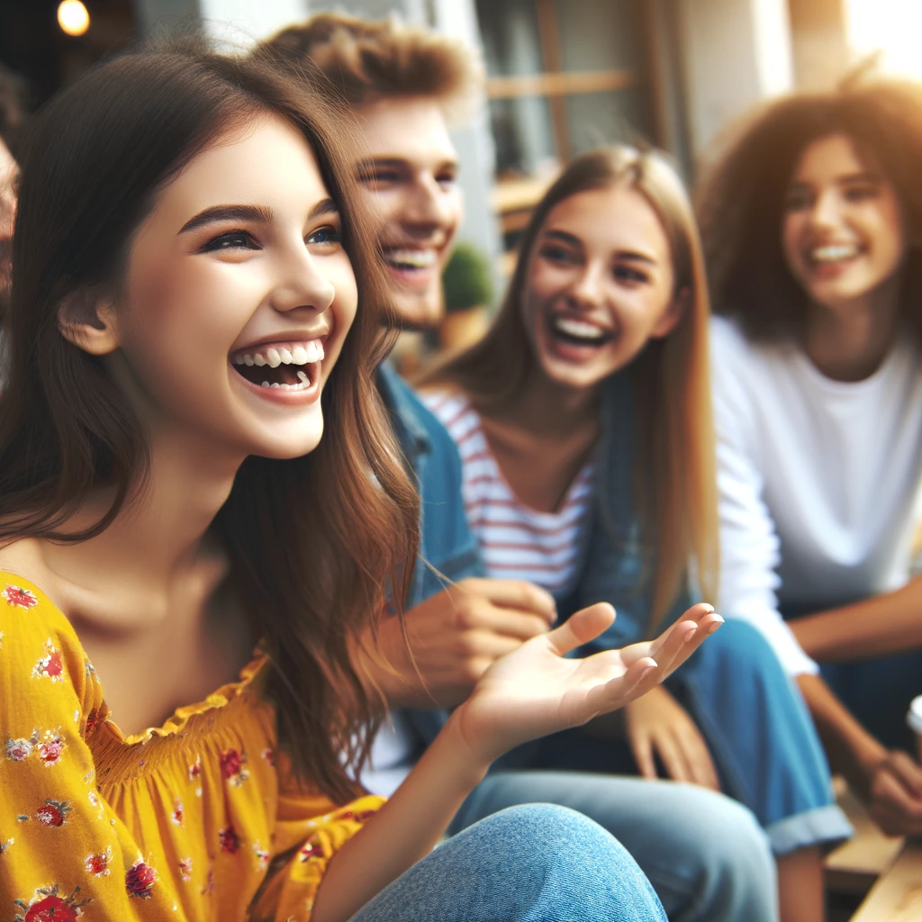 DALL·E 2023-12-09 06.33.37 - A daughter enjoying time with her friends, all of them laughing and sharing stories in a lively scene. The daughter and her friends are wearing variou.png