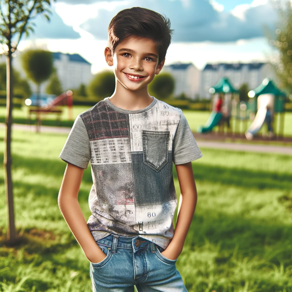 DALL·E 2023-12-12 09.30.16 - A ten-year-old boy who looks kind and cool. He is standing in a park, smiling warmly, exuding a friendly and approachable demeanor. The boy is stylish.png