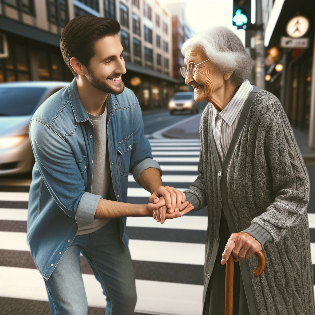 DALL·E 2023-11-25 18.33.05 - An image depicting the act of kindness and consideration. It shows a person of indeterminate gender and descent, helping an elderly person cross the s.png