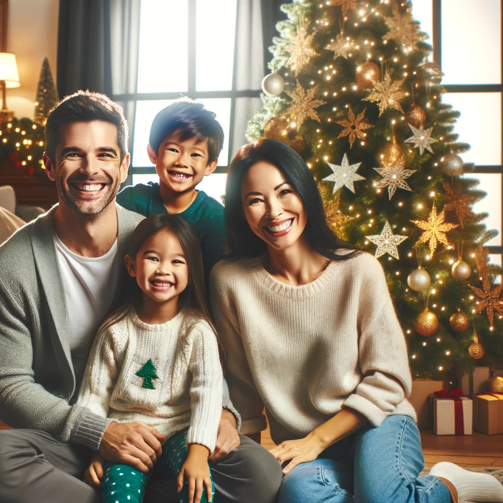 DALL·E 2023-11-29 15.09.58 - A family happily smiling in a living room decorated with a magnificent Christmas tree. The family consists of a Caucasian father, an Asian mother, and.png