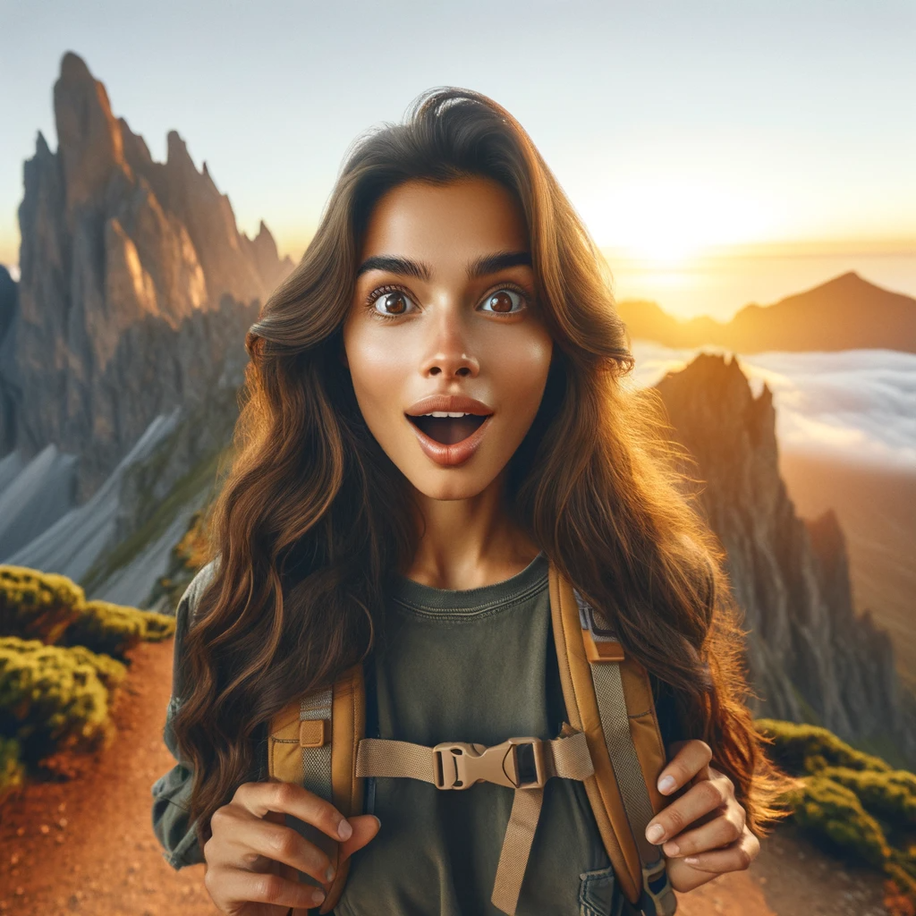 DALL·E 2023-12-04 06.03.40 - A traveler encountering a breathtaking view. The traveler, a Hispanic woman with long, wavy brown hair, stands in awe, her eyes wide with amazement an.png