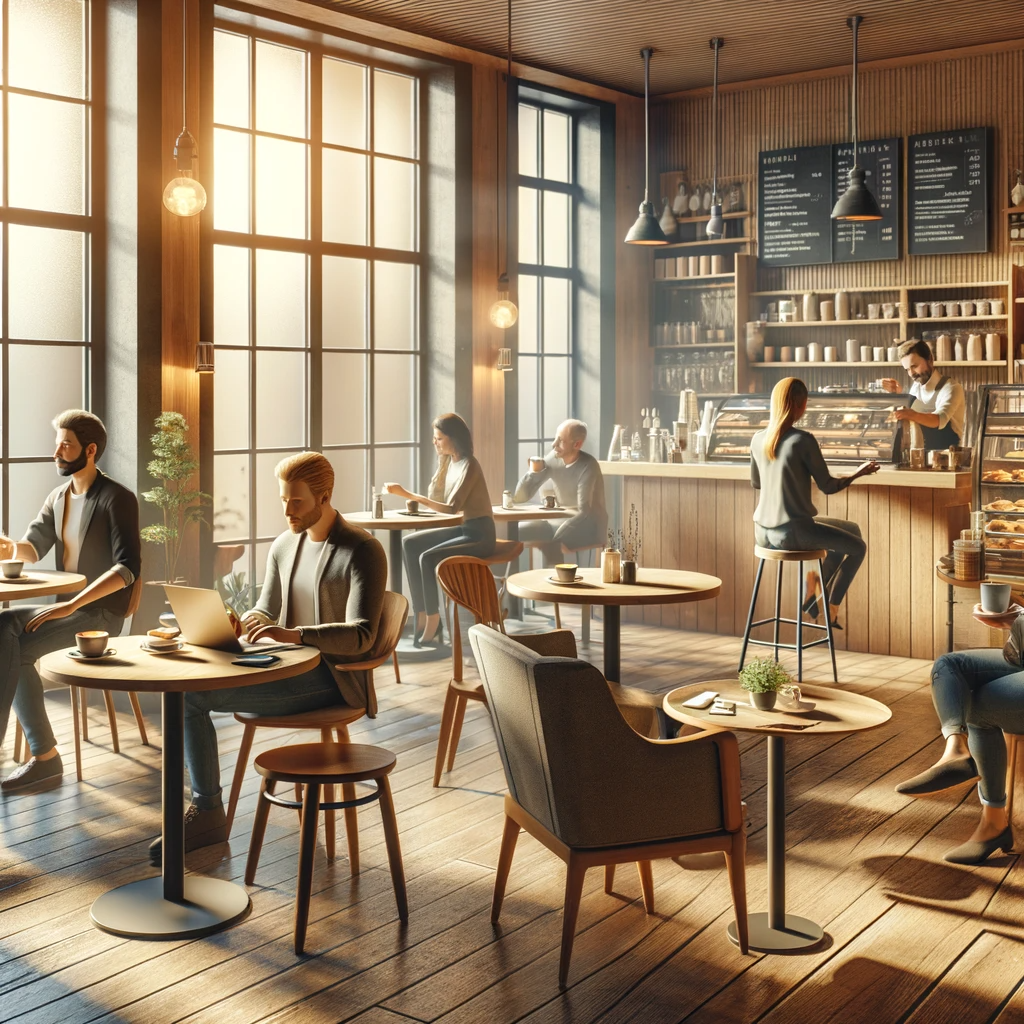 DALL·E 2024-01-12 08.24.00 - A realistic scene of people sitting in a cozy cafe, enjoying their coffee. The interior is warmly lit, with wooden tables and chairs. Several customer.png