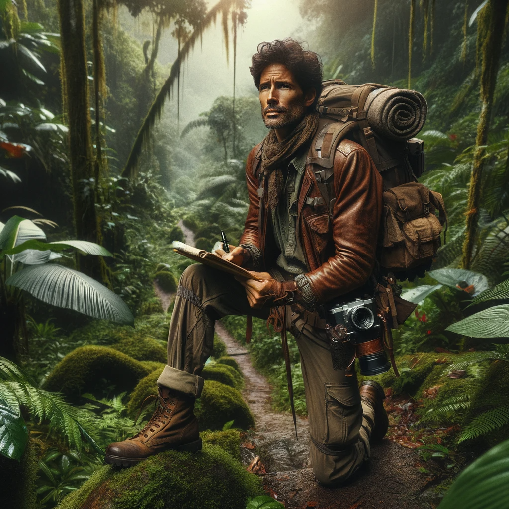 DALL·E 2023-12-20 09.39.18 - An adventurous explorer in the midst of a journey, seeking inspiration for writing. The explorer, a middle-aged man of Hispanic descent with short, cu.png